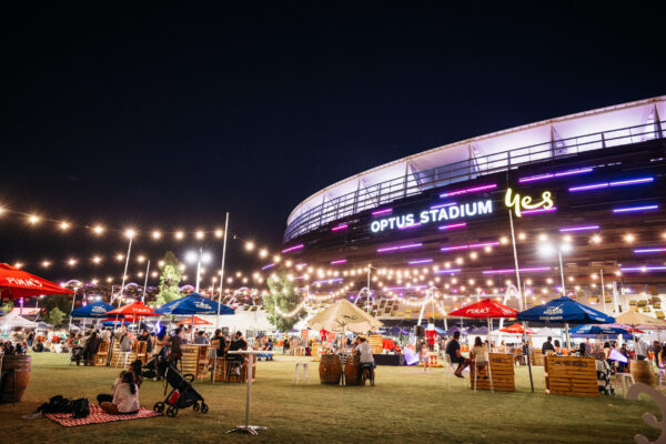 Eye Level view of the Nightlife outside Optus Stadium, Burswood
